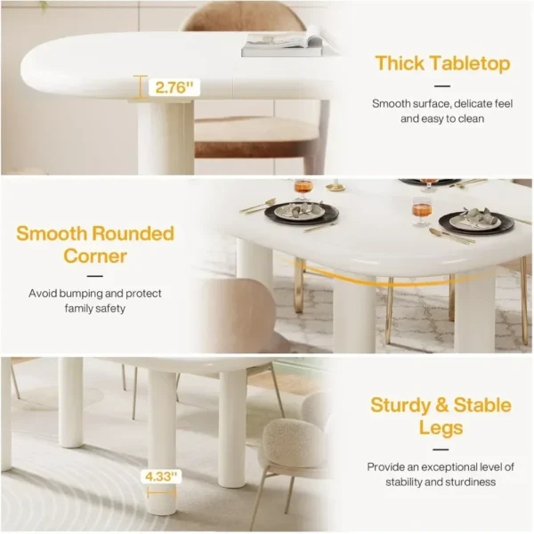 63 Inch Oval Dining Table, Capable of Accommodating 6 People, 63 Inch Modern Cream White Kitchen Table with Cylindrical Legs - Image 6