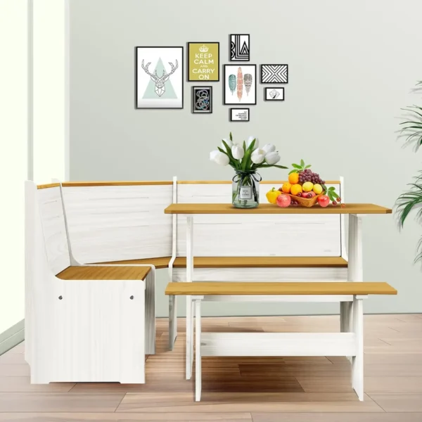 Breakfast Dining Nook Set with Corner Bench, Mid Century Modern Small Dining Table Set, Kitchen Table with Bench, Solid Wood - Image 4