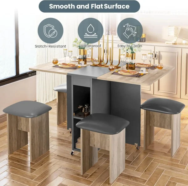 Set for 4, Dinner Table with 4 Leather Chairs and Shelves, Space Saving Foldable Dining with 6 Wheels, Kitchen - Image 4