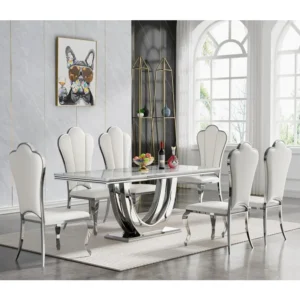 7Piece Dining Table Set with6PU Leather Dining Chair,Imitation Marble Dining Table and Chair Set for6White Room Table Set