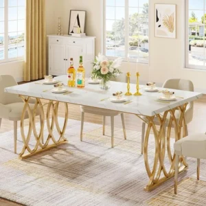 Modern Dining Table,Unique Rectangular Dinner Table Kitchen & Dining Room Furniture with Faux Marble Tabletop and Geometric Legs