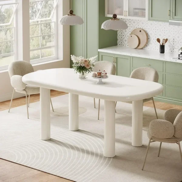 63 Inch Oval Dining Table, Capable of Accommodating 6 People, 63 Inch Modern Cream White Kitchen Table with Cylindrical Legs - Image 3