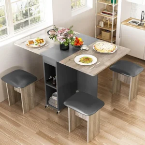 Set for 4, Dinner Table with 4 Leather Chairs and Shelves, Space Saving Foldable Dining with 6 Wheels, Kitchen