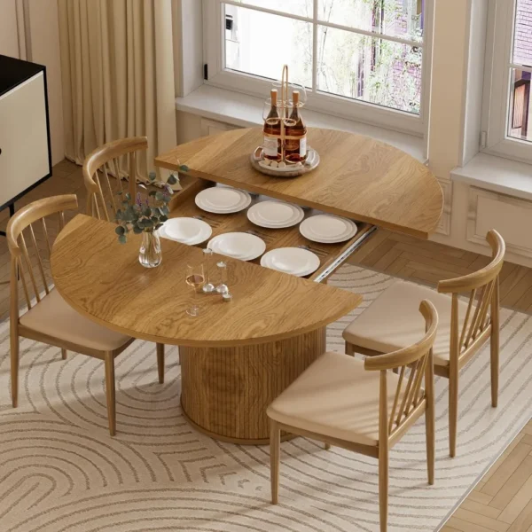 43.3''-59'' Extendable Round Dining Table for 4, Modern Farmhouse Expandable Dining Table with Wood Strip Base for Kitchen - Image 6