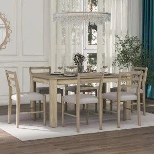 Dining Room Table Set with Chairs for 6 Persons Solid Wood Kitchen Table Set, Extendable Table with Drawers for Storage,