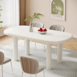 63 Inch Oval Dining Table, Capable of Accommodating 6 People, 63 Inch Modern Cream White Kitchen Table with Cylindrical Legs