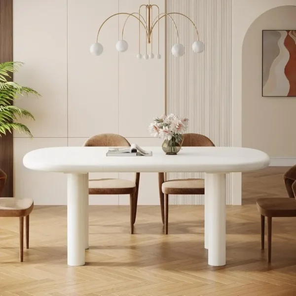63 Inch Oval Dining Table, Capable of Accommodating 6 People, 63 Inch Modern Cream White Kitchen Table with Cylindrical Legs - Image 4