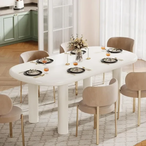 63 Inch Oval Dining Table, Capable of Accommodating 6 People, 63 Inch Modern Cream White Kitchen Table with Cylindrical Legs - Image 5