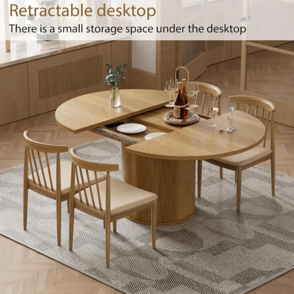 43.3''-59'' Extendable Round Dining Table for 4, Modern Farmhouse Expandable Dining Table with Wood Strip Base for Kitchen - Image 4