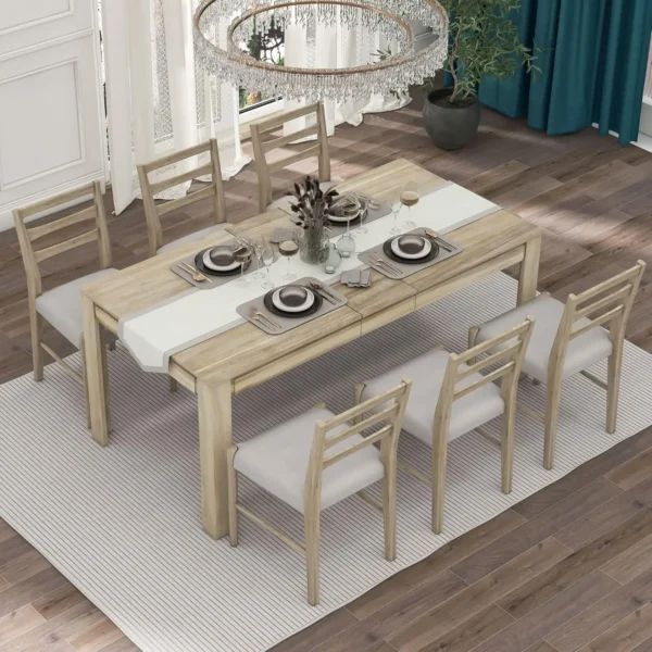 Dining Room Table Set with Chairs for 6 Persons Solid Wood Kitchen Table Set, Extendable Table with Drawers for Storage, - Image 3