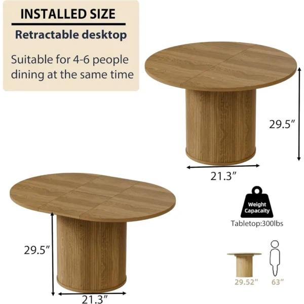 43.3''-59'' Extendable Round Dining Table for 4, Modern Farmhouse Expandable Dining Table with Wood Strip Base for Kitchen - Image 3