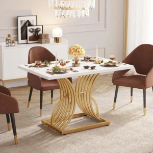 Modern Dining Table for 4 People 47 Inch Rectangular Kitchen Table with Faux Marble Tabletop and Gold Geometric Legs Small